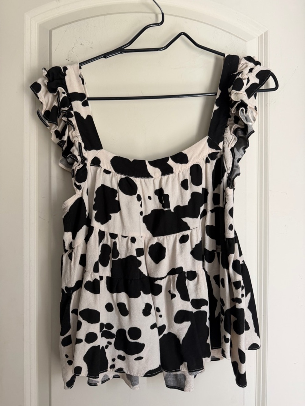 Mi ami Black and White Cow Print Ruffle Tank Top linen rayon S boho western boho - Picture 2 of 5